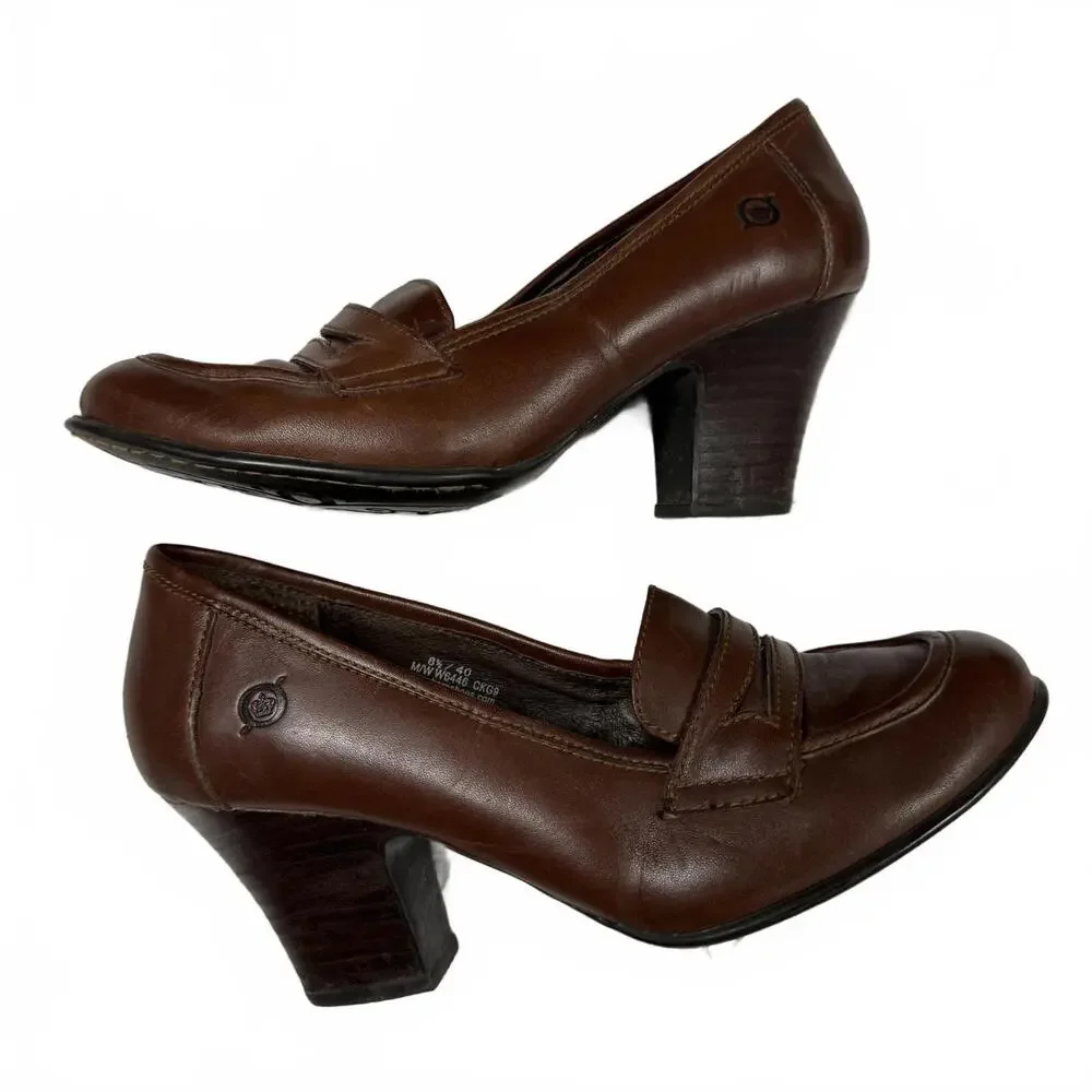 Born Women's Brown Leather Loafers with Block Heel‎ size 8.5
